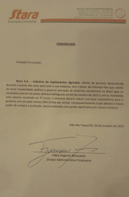 Stara comete crime ao ameaçar reduzir quadro caso Lula vença o 2º turno. Empresa já foi denunciada ao MPT